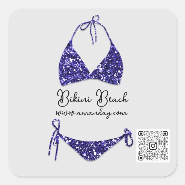 Boutique Clothing Qr Code Blue Navy Glitter Bikini Square Sticker (Front)
