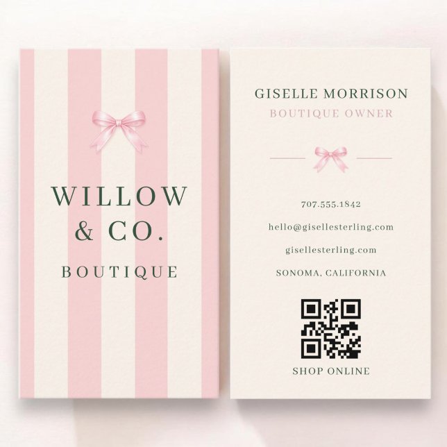 Boutique Owner Pink Green Striped Bow QR Code Business Card (Creator Uploaded)