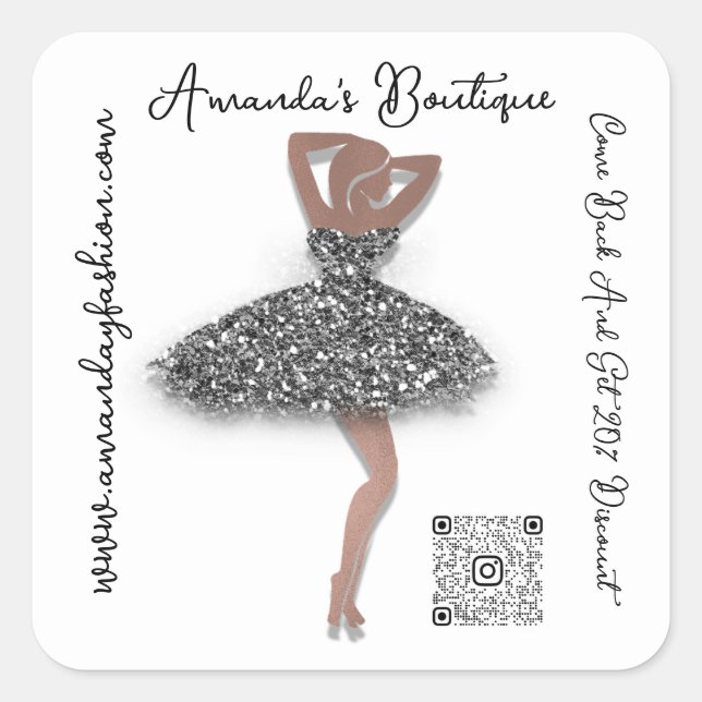 Boutique Shop Clothing Qr Code Black Glitter White Square Sticker (Front)