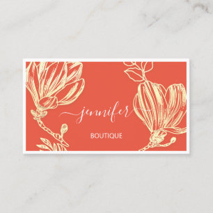 Boutique Shop Coral Gold Flowers Framed QR Logo  Business Card