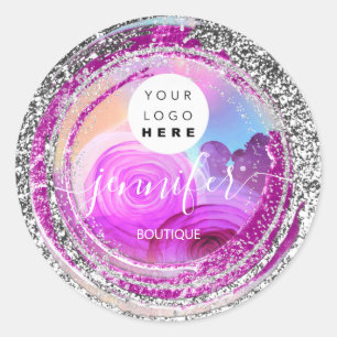 Boutique Shop Glitter Frame Silver Pink Classic Round Sticker