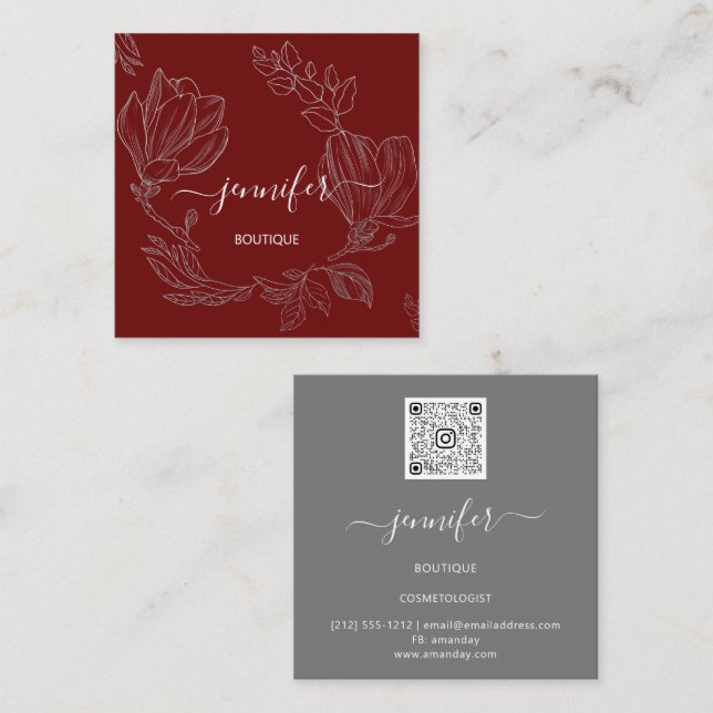 Boutique Shop Grey Burgundy Flowers QR Logo  Square Business Card (Front/Back)