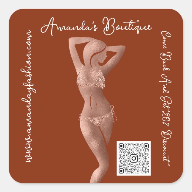 Boutique Shop Lingeire QrCode Logo Body Brown Rose Square Sticker (Front)