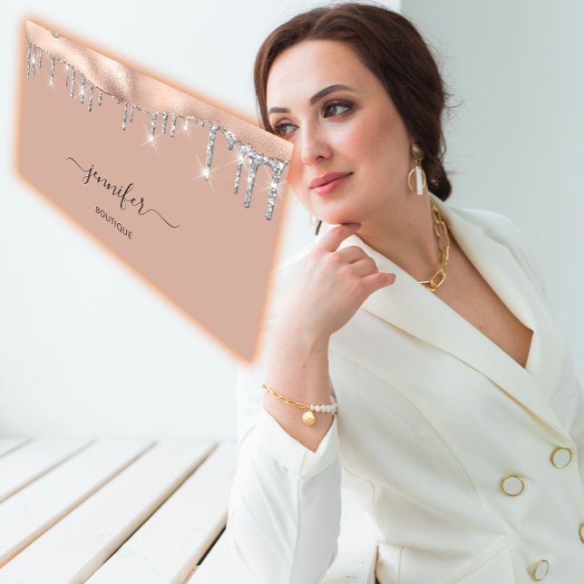 Boutique Shop QR Code Rose Silver Glitter Drips  Business Card (Boutique Shop QR Code Rose Silver Glitter Drips Business Card)