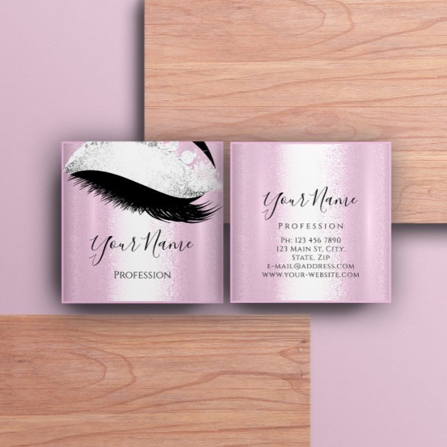 Boutique  Silver. Grey Lashes Extension Pink Girly Square Business Card (Creator Uploaded)