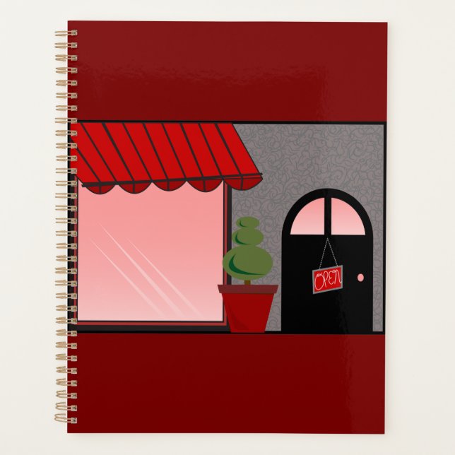Boutique Storefront Red Black Topiary Open Planner (Front)