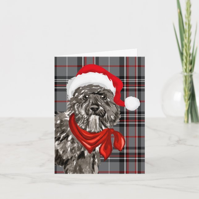 Bouvier Christmas Dog and Grey Red Plaid Christmas Holiday Card (Front)