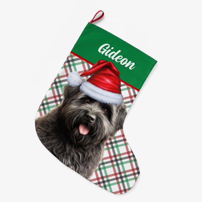 Bouvier des Flandres Dog Plaid Personalised Large Christmas Stocking (Front (Hanging))