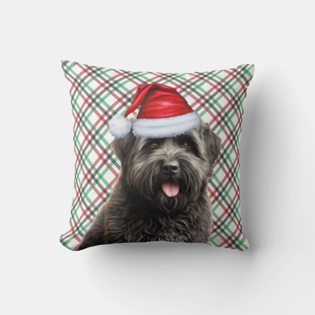 Bouvier Dog Red Green Plaid Christmas Holiday Cushion (Front)