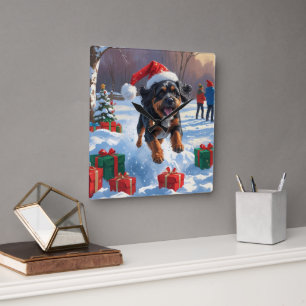 Bouviers des Flandres Christmas Festive Snow Scene Square Wall Clock