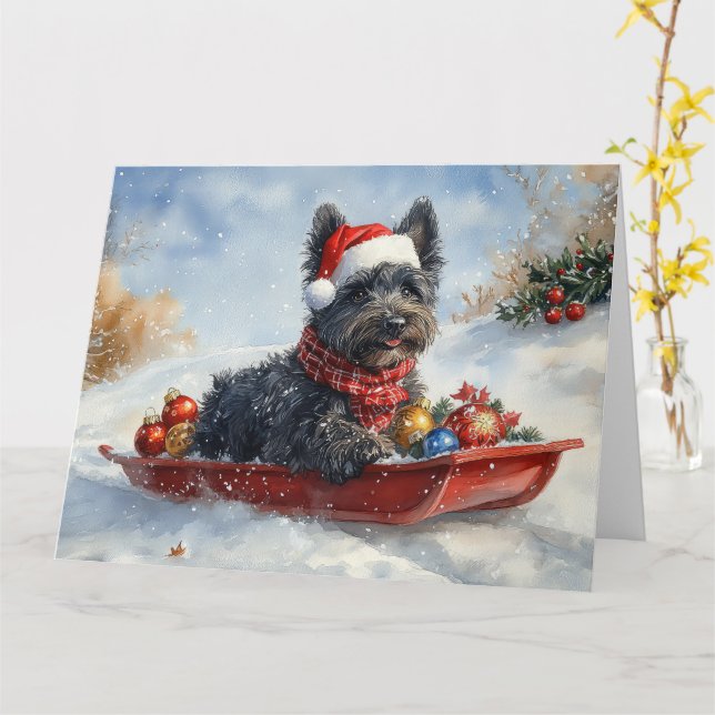Bouviers Des Flandres Dog in Sledge Christmas Card (Yellow Flower)