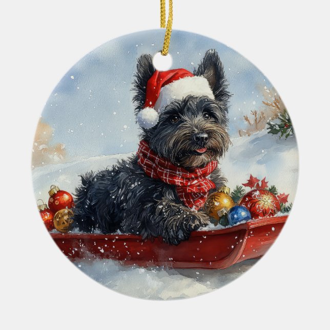Bouviers Des Flandres Dog in Sledge Christmas Ceramic Ornament (Front)
