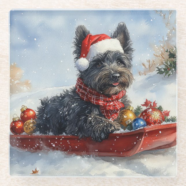 Bouviers Des Flandres Dog in Sledge Christmas Glass Coaster (Front)