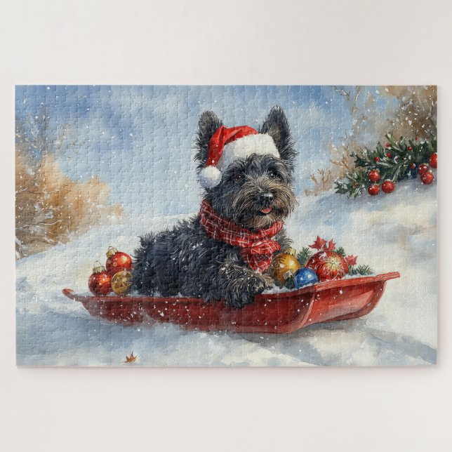 Bouviers Des Flandres Dog in Sledge Christmas Jigsaw Puzzle (Horizontal)