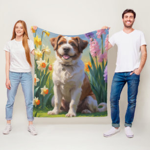 Bouviers Des Flandres Dog Spring Flowers Painting Fleece Blanket