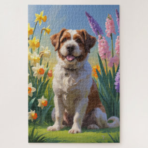 Bouviers Des Flandres Dog Spring Flowers Painting  Jigsaw Puzzle