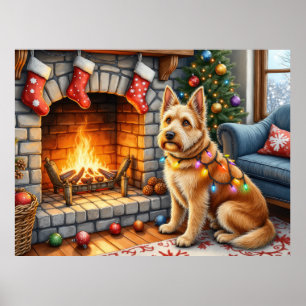 Bouviers des Flandres Fireplace Christmas Lights Poster