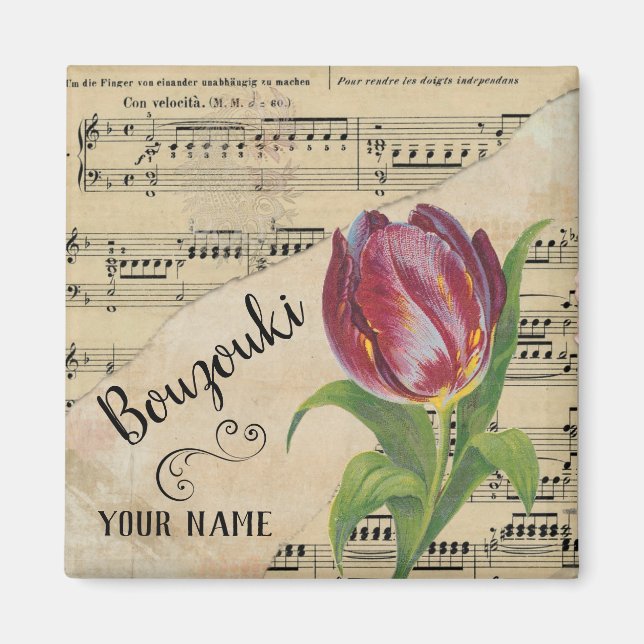 Bouzouki Tulip Vintage Sheet Music Customised Magnet (Front)