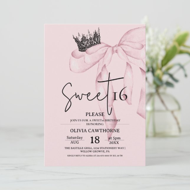 Bow 16th Birthday ⎮Modern Pink Sweet 16 Invitation (Standing Front)