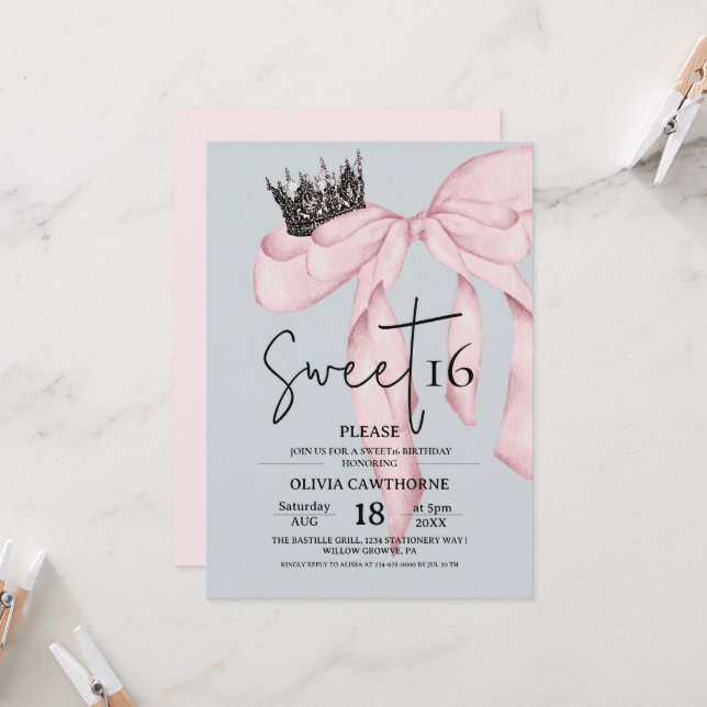 Bow 16th Birthday ⎮Modern Pink Sweet 16 Invitation (Front/Back In Situ)