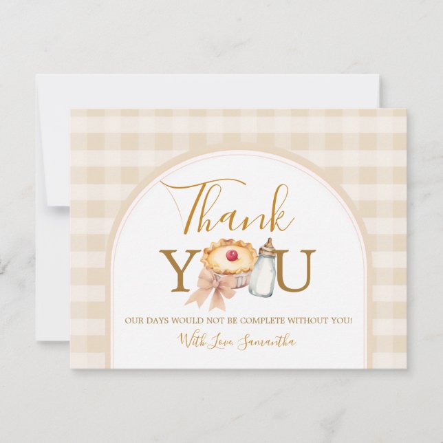 Bow A little Cutie Pie Pastel Gingham Baby Shower Thank You Card (Front)