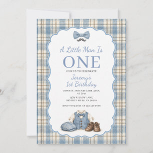 Bow A Little Man Is One Blue Plaid 1st Birthday Invitation