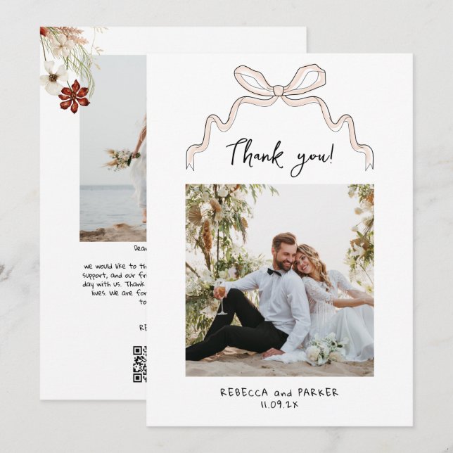 Bow and flowers Wedding Thank you photo Qr scan  (Front/Back)
