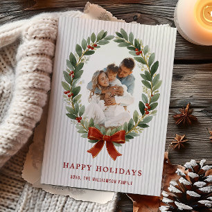 Bow and Greenery Oval Frame Holiday Photo Card