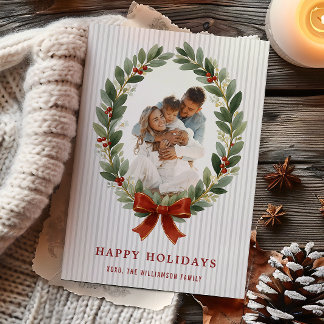 Bow and Greenery Oval Frame Holiday Photo Card
