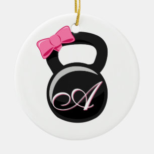 Bow and Monogram Kettlebell Pink "A" Ceramic Ornament