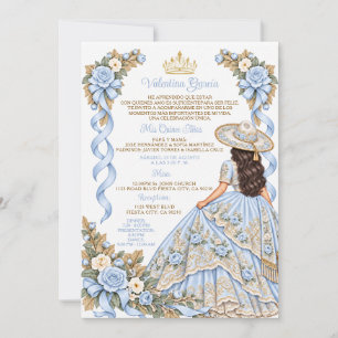 Bow Baby Blue Charra Girl Quinceañera Floral Gold  Invitation