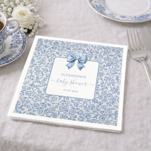 Bow Baby Boy Shower Blue and White Floral Pattern Napkin