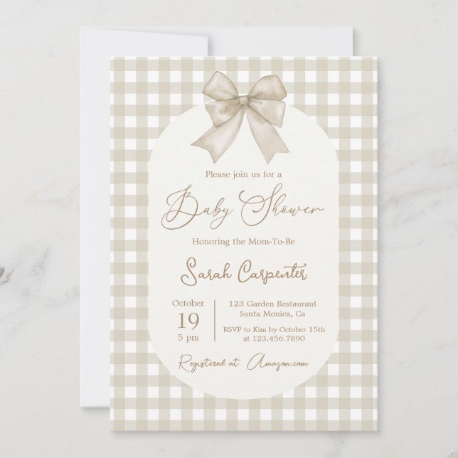 Bow Baby Shower Neutral invitation with bow (Front)