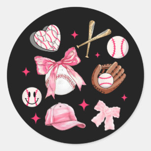 Bow Baseball Mum Pink Bow Mothers Day Women Girls Classic Round Sticker