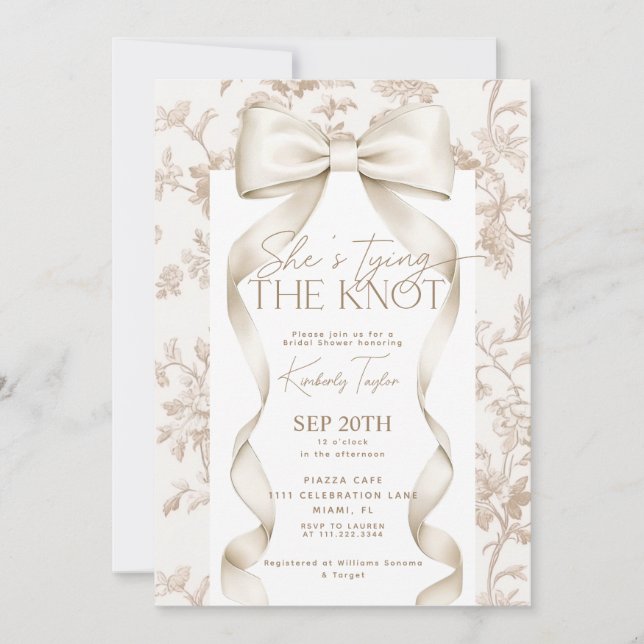 Bow Beige Toile She's Tying The Knot Bridal Shower Invitation (Front)