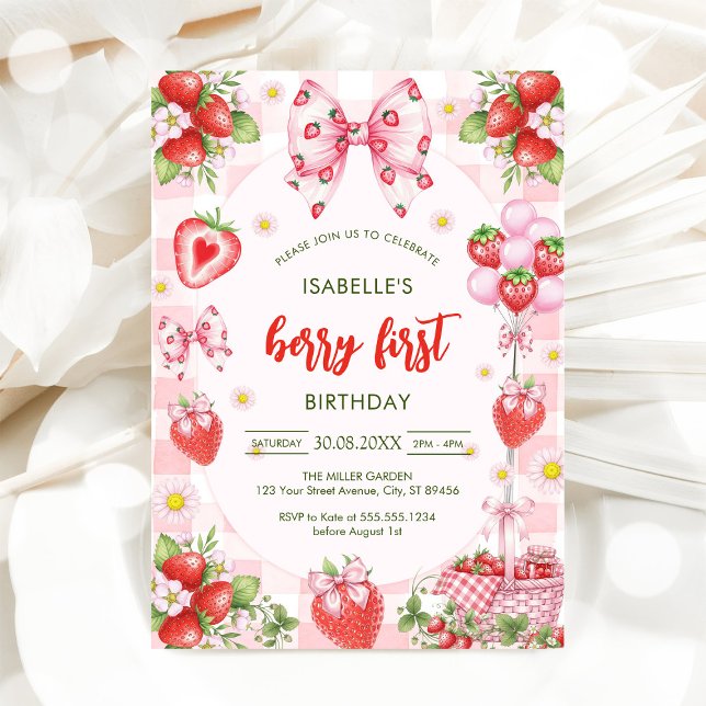 Bow Berry First Birthday 1st Birthday Invitation (Creator Uploaded)