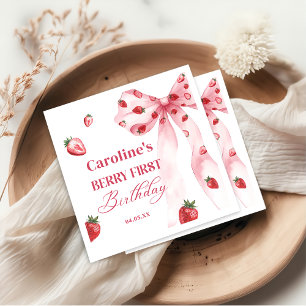 Bow Berry First Strawberry Birthday Napkins