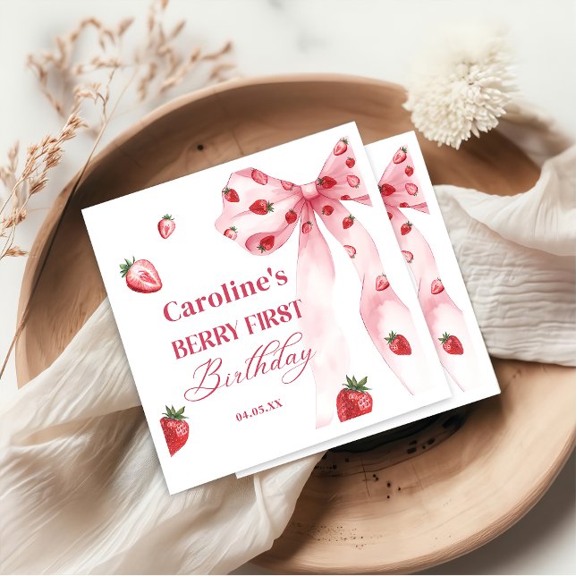 Bow Berry First Strawberry Birthday Napkins (Creator Uploaded)