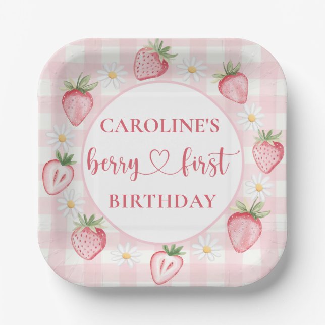 Bow Berry First Strawberry Birthday Paper Plates (Front)