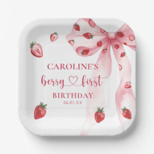 Bow Berry First Strawberry Birthday Paper Plates