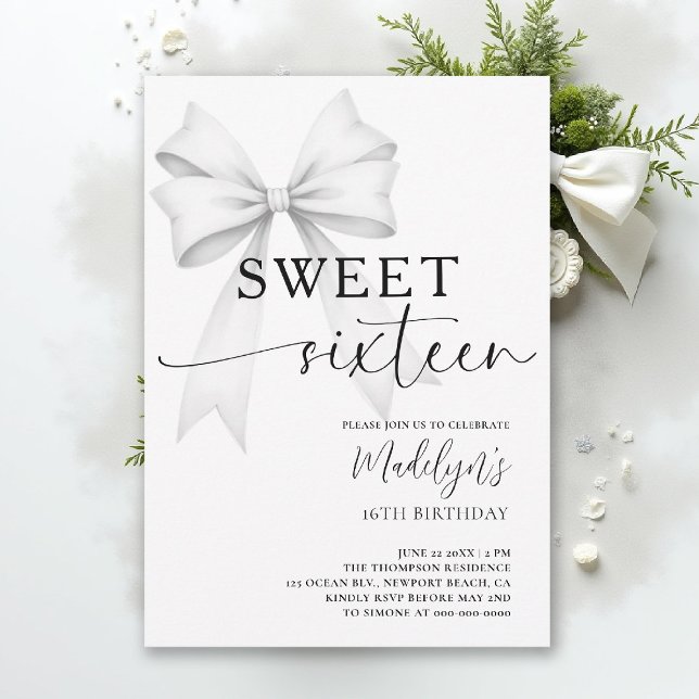 Bow Black White Modern Elegant Simple Sweet 16 Invitation (sweet sixteen birthday party invitation bow simple classy black and white script trendy fashion teen)