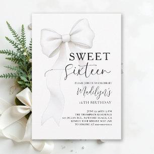 Bow Black White Modern Simple Elegant Sweet 16 Invitation