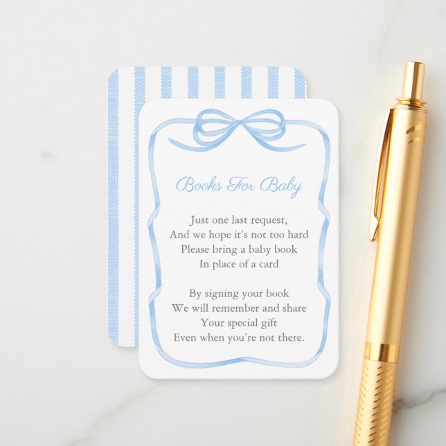 Bow Blue And White Bring A Book Baby Shower Enclosure Card (Front/Back In Situ)