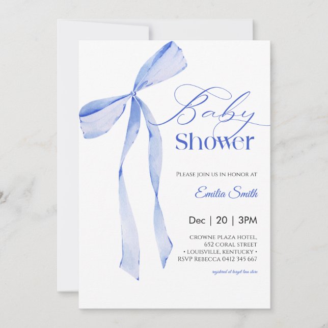  Bow Blue boy Baby shower Invitation (Front)