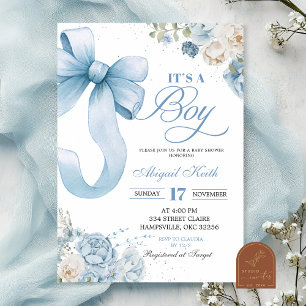 Bow Blue Coquette Boy Baby Shower Invitation