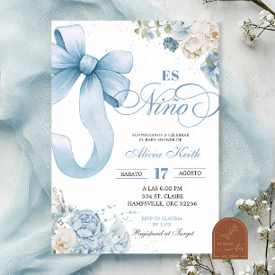 Bow Blue Coquette Spanish Es Nino Baby Shower  Invitation