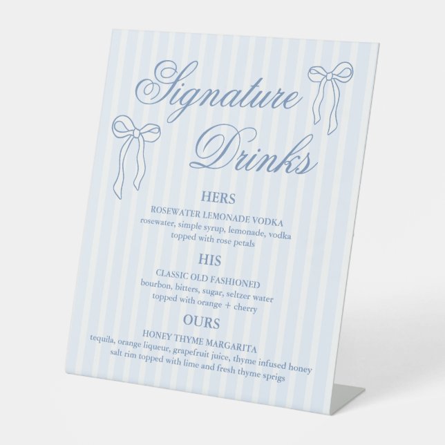 Bow Blue Wedding Signature Cocktails  Pedestal Sign (Front)
