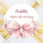 Bow blush pink florals birthday classic round sticker<br><div class="desc">A white coloured background. Decorated with a large pink bow and pink flowers. Personalise and add a name. Black handwritten style script.</div>