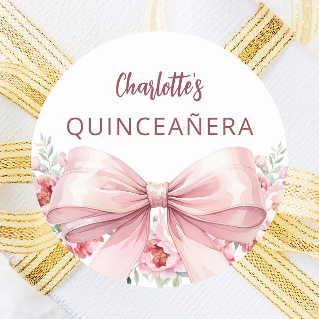 Bow blush pink florals Quinceanera Classic Round Sticker (Creator Uploaded)