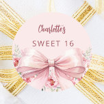 Bow blush pink flowers roses Sweet 16 Classic Round Sticker<br><div class="desc">A blush pink coloured background. Decorated with a large pink bow and pink flowers.  Personalise and add a name. Black handwritten style script.</div>